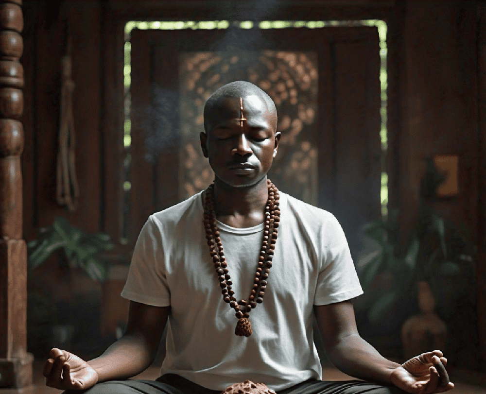 An individual meditating with a Rudraksha mala, emphasizing the spiritual connection and focus